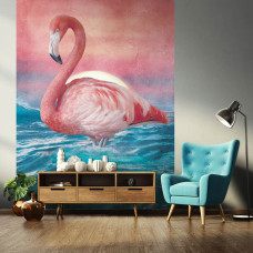 Een fotobehang van flamingo's in een kunstzinnige stijl voor een woonkamer.
