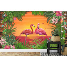 Een fotobehang met flamingo's bij een tropisch landschap, afgebeeld in een kinderkamer.