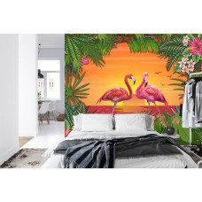 Een fotobehang met flamingo's bij zonsondergang tegen een 3D-muur met bakstenen en een tropische zee, afgebeeld in een slaapkamer.