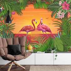 Een fotobehang met tropische flamingo's bij zonsondergang, weergegeven in een woonkamer.