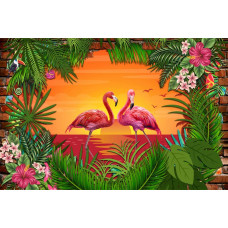 Een flamingo bij zonsondergang, tegen een 3D-bakstenen muur en tropische zee, weergegeven op dit fotobehang.