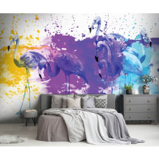 Een fotobehang van flamingo's in een kunstzinnig ontwerp voor een slaapkamer.