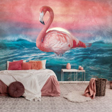 Een fotobehang van flamingo's met elegante lijnen in een slaapkamer.