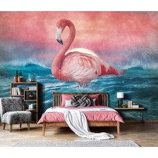 Een fotobehang van flamingo's in vliesbehangstijl voor een slaapkamer.