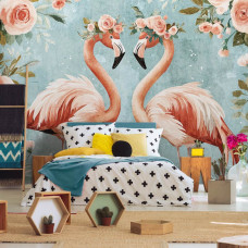 Een fotobehang met flamingo's en rozen in waterverf, geschikt voor een kinderkamer.