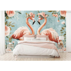 Een fotobehang met flamingo's en rozen in een kunstzinnig design, ideaal voor een meisjeskamer.