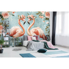 Een fotobehang met flamingo's en rozen in waterverf, perfect voor een slaapkamer.