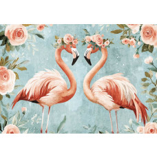 Fotobehang van flamingo's en rozen in waterverf, een kunstzinnig bloemenontwerp.