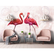 Een fotobehang met speelse flamingo's in een artistiek ontwerp.