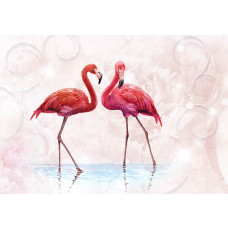 Flamingo's in roze tinten, liefdevol weergegeven op een abstract en kunstzinnig fotobehang.