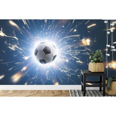 Een fotobehang met een flitsende beweging van een voetbal in een kinderkamer.
