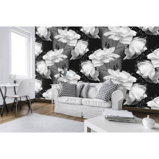 Een fotobehang van een abstract bloemenpatroon in zwart-wit, met elegante details.