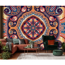 Een fotobehang met een levendig folk-patroon van kleurrijke bloemen en abstracte kunstvormen.