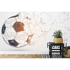 Een fotobehang met een zwart-witte voetbal met speelse accenten in een kinderkamer.