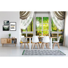 Een fotobehang met een serene bosuitzicht, passend voor een eetkamer.