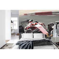 Een fotobehang van een Formule 1-auto in actie met rode details in een slaapkamer.
