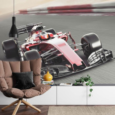 Een fotobehang van een Formule 1-auto in volle beweging op een rood circuit in een woonkamer.
