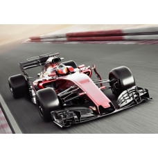 Fotobehang van een Formule 1 auto in actie op een rood circuit, voor een krachtige race-ervaring.