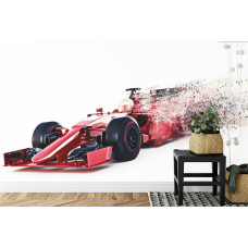 Een fotobehang van een Formule 1-auto die snelheid uitstraalt in een stoere kinderkamer.