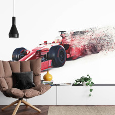 Een fotobehang van een Formule 1-auto in volle snelheid, verlicht door dramatisch licht in de woonkamer.