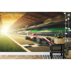 Een fotobehang van een Formule 1-auto met finishlijnen in een avontuurlijke kinderkamer.