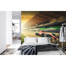 Een fotobehang van een Formule 1-auto die snelheid en overwinning uitstraalt in een slaapkamer.