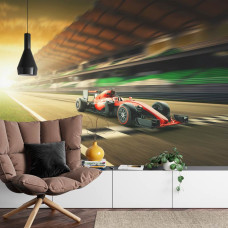 Een fotobehang van een Formule 1-auto over de finishlijn met spanning in een woonkamer.