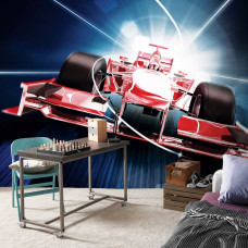 Een fotobehang met een rode Formule 1 auto voor de slaapkamer.