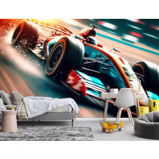 Een fotobehang met een Formule 1-auto die op volle snelheid over een circuit rijdt, speciaal ontworpen voor een kinderkamer.