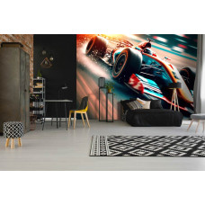 Een fotobehang met een Formule 1-auto in actie op een professioneel circuit, ideaal voor een slaapkamer.