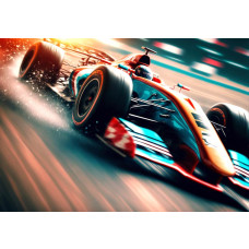 Formule 1 auto fotobehang met een indrukwekkende racewagen die op volle snelheid door het circuit rijdt.
