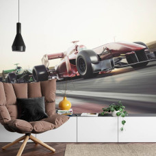 Een fotobehang van een Formule 1-race met intense actie in een woonkamer.