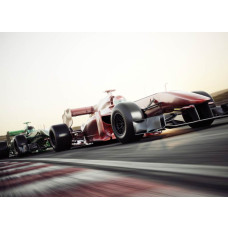 Fotobehang van een Formule 1 racegevecht tussen auto's, met een spannende racesfeer.