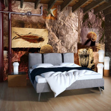 Een fotobehang met fossielen en schelpen in een prehistorisch design voor een slaapkamer.