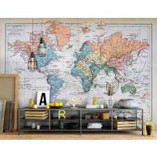 Een fotobehang van een wereldkaart in een Franse vintage stijl, met gedetailleerde landmarken en historische elementen, te zien in een studeerkamer met een werkplekken sfeer.