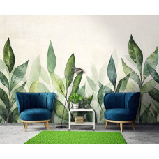 Fotobehang met aquarelgeschilderde bladeren in frisse kleuren aan de muur van een moderne woonkamer.