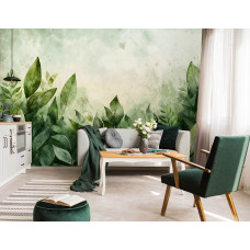 Fotobehang met aquarelgeschilderde groene bladeren aan de muur van een lichte en frisse woonkamer.