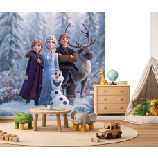 Fotobehang Frozen Magie van de Winter in een kinderkamer met Elsa, Anna, Olaf, Kristoff en Sven in een winterbos vol sneeuw.