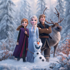 Fotobehang Frozen Magie van de Winter met Elsa, Anna, Olaf, Kristoff en Sven in een besneeuwd winterlandschap tussen met sneeuw bedekte bomen.