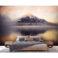Een fotobehang met een prachtig uitzicht op de Fuji Five Lakes en bergen, geschikt voor een stijlvolle slaapkamer.