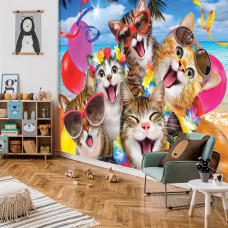 Een fotobehang van katten in een leuke selfie-opstelling, ideaal voor een speelkamer.