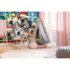 Een fotobehang van kersthonden in een vrolijke selfie opstelling voor de speelkamer.