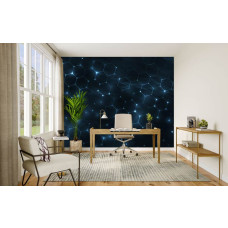 Fotobehang futuristische hexagonen met blauwe neonaccenten in een gamekamer.