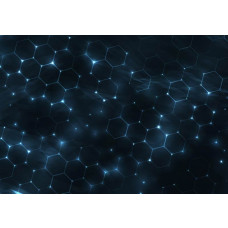 Fotobehang met futuristisch hexagonenpatroon en blauwe neonlichten.