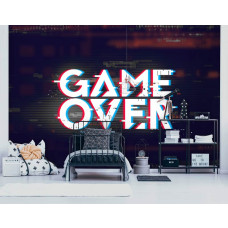 Een fotobehang met het thema 'Game Over' met spelletjes en PlayStation-elementen voor een kinderkamer.