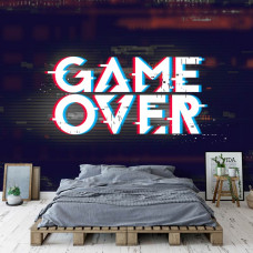 Een fotobehang met speelse gaming-elementen en een kleurrijk ontwerp voor een slaapkamer.