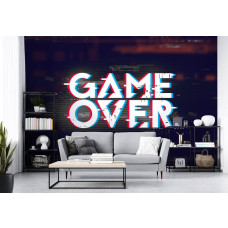 Een kleurrijk fotobehang met game-thema en spelconsole-elementen voor een woonkamer.