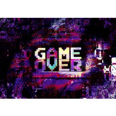 Fotobehang met de tekst Game Over in pixelstijl op een paarse achtergrond.