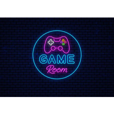 Fotobehang Game Room Neonstijl met neon gamecontroller en felgekleurde knoppen op donkere baksteenachtergrond.