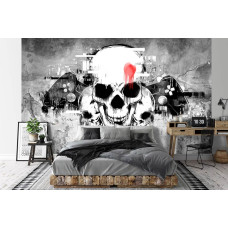 Een gedurfd fotobehang met schedels en gaming-elementen, ontworpen voor een gameroom.